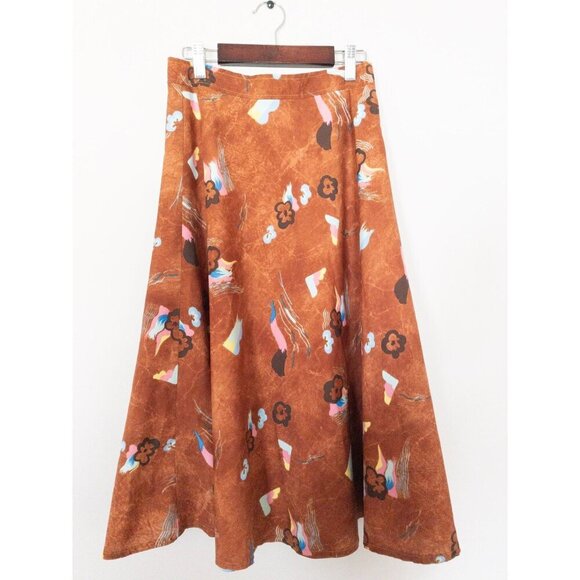 Vintage 1960s Jean Nicolas A-Line Midi Skirt Mod Abstract Print Size 40 Brown Mu - Picture 1 of 5